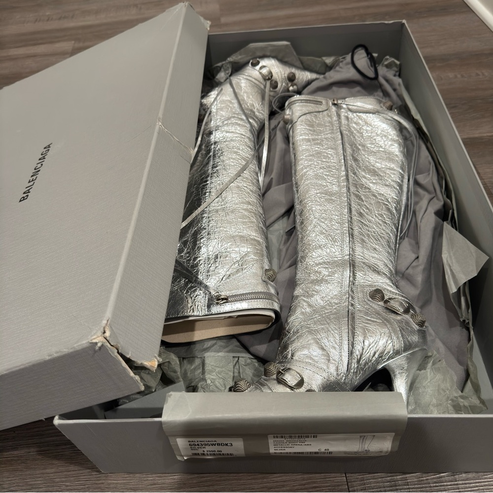 Balenciaga Cagole 90mm Metallic Arena Silver Heeled Tall Boots - Picture 14 of 16